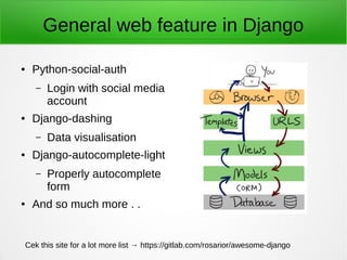 General web feature in Django
● Python-social-auth
– Login with social media
account
● Django-dashing
– Data visualisation
● Django-autocomplete-light
– Properly autocomplete
form
● And so much more . .
Cek this site for a lot more list → https://gitlab.com/rosarior/awesome-django
 