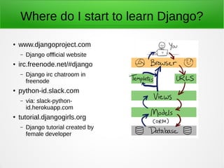 Where do I start to learn Django?
● www.djangoproject.com
– Django offficial website
● irc.freenode.net/#django
– Django irc chatroom in
freenode
● python-id.slack.com
– via: slack-python-
id.herokuapp.com
● tutorial.djangogirls.org
– Django tutorial created by
female developer
 