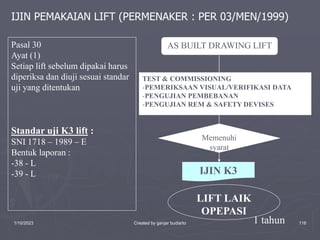 1/10/2023 Created by ganjar budiarto 116
IJIN PEMAKAIAN LIFT (PERMENAKER : PER 03/MEN/1999)
Pasal 30
Ayat (1)
Setiap lift sebelum dipakai harus
diperiksa dan diuji sesuai standar
uji yang ditentukan
Standar uji K3 lift :
SNI 1718 – 1989 – E
Bentuk laporan :
-38 - L
-39 - L
LIFT LAIK
OPEPASI
IJIN K3
AS BUILT DRAWING LIFT
TEST & COMMISSIONING
-PEMERIKSAAN VISUAL/VERIFIKASI DATA
-PENGUJIAN PEMBEBANAN
-PENGUJIAN REM & SAFETY DEVISES
Memenuhi
syarat
1 tahun
 