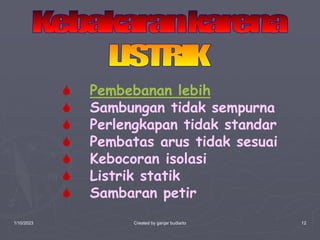 1/10/2023 Created by ganjar budiarto 12
 Pembebanan lebih
 Sambungan tidak sempurna
 Perlengkapan tidak standar
 Pembatas arus tidak sesuai
 Kebocoran isolasi
 Listrik statik
 Sambaran petir
 