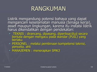 1/10/2023 Created by ganjar budiarto 122
RANGKUMAN
Listrik mengandung potensi bahaya yang dapat
mengancam keselamatan manusia (tenaga kerja),
asset maupun lingkungan, karena itu instalsi listrik
harus dikendalikan dengan pendekatan:
 TEKNIS : dirancang, dipasang, diperiksa/diuji secara
berkala dengan mengacu pada standar (PUIL) yang
berlaku
 PERSONEL : melalui pembinaan kompetensi teknisi,
penyelia, ahli
 MANAJEMEN : menerapkan SMK3
 