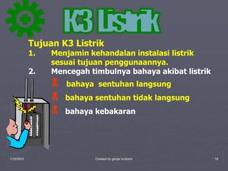 1/10/2023 Created by ganjar budiarto 18
Tujuan K3 Listrik
1. Menjamin kehandalan instalasi listrik
sesuai tujuan penggunaannya.
2. Mencegah timbulnya bahaya akibat listrik
N bahaya sentuhan langsung
N bahaya sentuhan tidak langsung
N bahaya kebakaran
 