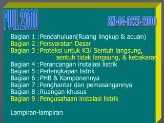 1/10/2023 Created by ganjar budiarto 22
Bagian 1 :Pendahuluan(Ruang lingkup & acuan)
Bagian 2 :Persyaratan Dasar
Bagian 3 :Proteksi untuk K3/ Sentuh langsung,
sentuh tidak langsung, & kebakaran
Bagian 4 :Perancangan instalasi listrik
Bagian 5 :Perlengkapan listrik
Bagian 6 :PHB & Komponennya
Bagian 7 :Penghantar dan pemasangannya
Bagian 8 :Ruangan khusus
Bagian 9 :Pengusahaan instalasi listrik
Lampiran-lampiran
 