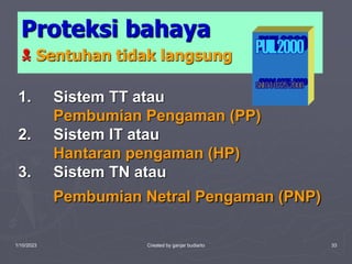 1/10/2023 Created by ganjar budiarto 33
Proteksi bahaya
N Sentuhan tidak langsung
1. Sistem TT atau
Pembumian Pengaman (PP)
2. Sistem IT atau
Hantaran pengaman (HP)
3. Sistem TN atau
Pembumian Netral Pengaman (PNP)
 