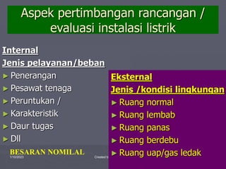 1/10/2023 Created by ganjar budiarto 48
Aspek pertimbangan rancangan /
evaluasi instalasi listrik
Internal
Jenis pelayanan/beban
► Penerangan
► Pesawat tenaga
► Peruntukan /
► Karakteristik
► Daur tugas
► Dll
Eksternal
Jenis /kondisi lingkungan
► Ruang normal
► Ruang lembab
► Ruang panas
► Ruang berdebu
► Ruang uap/gas ledak
BESARAN NOMILAL
 