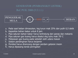 1/10/2023 Created by ganjar budiarto 63
GENERATOR (PEMBANGKIT LISTRIK)
Ref. PUIL 2000 (5.5.1.1.)
a. Pada saat beban dimasukan, teg turun mak 25% dan pulih 0,5 detik
b. Kapasitas bahan bakar untuk 8 jam
c. Pipa saluran bahan bakar harus terlindung dari panas dan mekanis
d. Pipa saluran gas buang harus disalut shg suhu mak 70o C
e. Pelepasan gas buang pada sebelah sisih udara masuk
f. Sistem pendinginan harus terjamin
g. Pondasi harus dirancang dengan perdam getaran mesin
h. Harus dipasang tanda peringatan
PENGGERAK
MULA G BEBAN
 