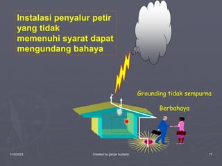 1/10/2023 Created by ganjar budiarto 77
Instalasi penyalur petir
yang tidak
memenuhi syarat dapat
mengundang bahaya
Grounding tidak sempurna
Berbahaya
 
