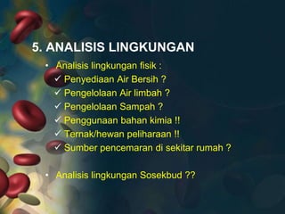 5. ANALISIS LINGKUNGAN
• Analisis lingkungan fisik :
 Penyediaan Air Bersih ?
 Pengelolaan Air limbah ?
 Pengelolaan Sampah ?
 Penggunaan bahan kimia !!
 Ternak/hewan peliharaan !!
 Sumber pencemaran di sekitar rumah ?
• Analisis lingkungan Sosekbud ??

 