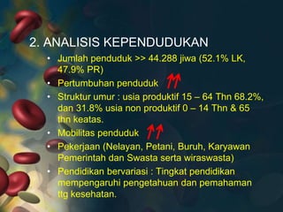 2. ANALISIS KEPENDUDUKAN
• Jumlah penduduk >> 44.288 jiwa (52.1% LK,
47.9% PR)
• Pertumbuhan penduduk
• Struktur umur : usia produktif 15 – 64 Thn 68.2%,
dan 31.8% usia non produktif 0 – 14 Thn & 65
thn keatas.
• Mobilitas penduduk
• Pekerjaan (Nelayan, Petani, Buruh, Karyawan
Pemerintah dan Swasta serta wiraswasta)
• Pendidikan bervariasi : Tingkat pendidikan
mempengaruhi pengetahuan dan pemahaman
ttg kesehatan.

 
