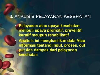 3. ANALISIS PELAYANAN KESEHATAN
• Pelayanan atau upaya kesehatan
meliputi upaya promotif, preventif,
kuratif maupun rehabilitatif
• Analisis ini menghasilkan data Atau
informasi tentang input, proses, out
put dan dampak dari pelayanan
kesehatan

 