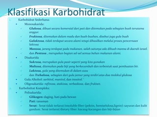 Klasifikasi Karbohidrat1. Karbohidrat Sederhana:
 Monosakarida:
 Glukosa, dibuat secara komersial dari pati dan ditemukan pada sebagian buah terutama
anggur.
 Fruktosa, ditemukan dalam madu dan buah-buahan, disebut juga gula buah
 Galaktosa, tidak terdapat secara alami tetapi dihasilkan melalui proses pencernaan
laktosa
 Manosa, jarang terdapat pada makanan, salah satunya ada dibuah manna di daerah israel.
 dan Pentosa , merupakan bagian sel-sel semua bahan makanan alami.
 Disakarida
 Sukrosa, merupakan gula pasir seperti yang kita gunakan
 Maltosa, ditemukan pada biji yang berkecambah dan terbentuk saat pembuatan bir.
 Laktosa, gula yang ditemukan di dalam susu
 dan Trehalosa, sebagian dari gula jamur yang terdiri atas dua molekul glukosa
 Gula Alkohol: sarbitol, manitol, dan inositol.`
 Oligosakarida: rafinosa, stakiosa, verbaskosa, dan fruktan.
2. Karbohidrat Kompleks:
 Polisakarida:
 Glikogen: daging, hati pada hewan
 Pati: tanaman
 Serat: Serat tidak terlarut/insoluble fiber (pektin, hemiselulosa,lignin): sayuran dan kulit
gandum. Serat terlarut/dietary fiber: kacang-kacangan dan biji-bijian
 