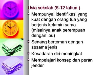 Usia sekolah (Usia sekolah (55-12 tahun-12 tahun ))
Mempunyai identifikasi yangMempunyai identifikasi yang
kuat dengan orang tua yangkuat dengan orang tua yang
berjenis kelamin samaberjenis kelamin sama
(misalnya anak perempuan(misalnya anak perempuan
dengan ibu)dengan ibu)
Senang berteman denganSenang berteman dengan
sesama jenissesama jenis
Kesadaran diri meningkatKesadaran diri meningkat
Mempelajari konsep dan peranMempelajari konsep dan peran
jenderjender
 