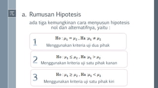 a. Rumusan Hipotesis
ada tiga kemungkinan cara menyusun hipotesis
nol dan alternatifnya, yaitu :
Menggunakan kriteria uji dua pihak
Menggunakan kriteria uji satu pihak kanan
Menggunakan kriteria uji satu pihak kiri
 