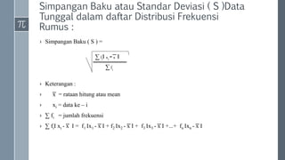 Simpangan Baku atau Standar Deviasi ( S )Data
Tunggal dalam daftar Distribusi Frekuensi
Rumus :
› Simpangan Baku ( S ) =
› Keterangan :
› ͞x = rataan hitung atau mean
› xi = data ke – i
› ∑ fi = jumlah frekuensi
› ∑ fiI xi - ͞x I = f1 Ix1 - ͞x I + f2 Ix2 - ͞x I + f3 Ix3 - ͞x I +...+ fn Ixn - ͞x I
∑ fiI xi - ͞x I
∑ fi
 