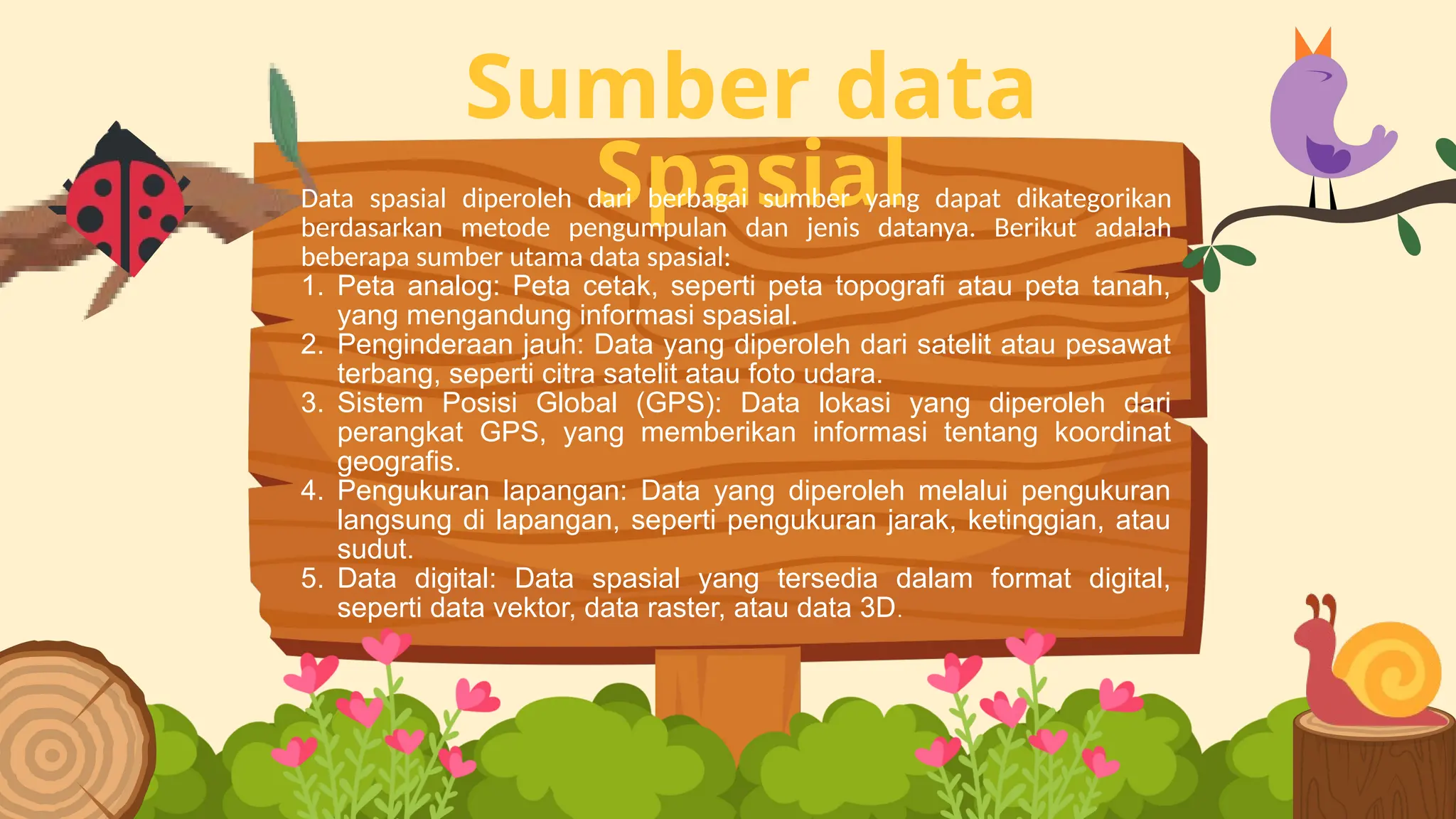 Sumber data
Spasial
Data spasial diperoleh dari berbagai sumber yang dapat dikategorikan
berdasarkan metode pengumpulan dan jenis datanya. Berikut adalah
beberapa sumber utama data spasial:
1. Peta analog: Peta cetak, seperti peta topografi atau peta tanah,
yang mengandung informasi spasial.
2. Penginderaan jauh: Data yang diperoleh dari satelit atau pesawat
terbang, seperti citra satelit atau foto udara.
3. Sistem Posisi Global (GPS): Data lokasi yang diperoleh dari
perangkat GPS, yang memberikan informasi tentang koordinat
geografis.
4. Pengukuran lapangan: Data yang diperoleh melalui pengukuran
langsung di lapangan, seperti pengukuran jarak, ketinggian, atau
sudut.
5. Data digital: Data spasial yang tersedia dalam format digital,
seperti data vektor, data raster, atau data 3D.
 