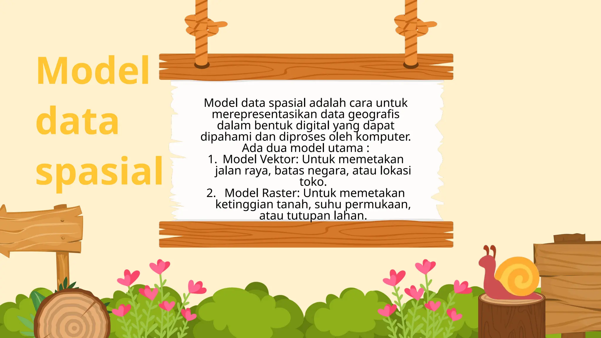 Model
data
spasial
Model data spasial adalah cara untuk
merepresentasikan data geografis
dalam bentuk digital yang dapat
dipahami dan diproses oleh komputer.
Ada dua model utama :
1. Model Vektor: Untuk memetakan
jalan raya, batas negara, atau lokasi
toko.
2. Model Raster: Untuk memetakan
ketinggian tanah, suhu permukaan,
atau tutupan lahan.
 