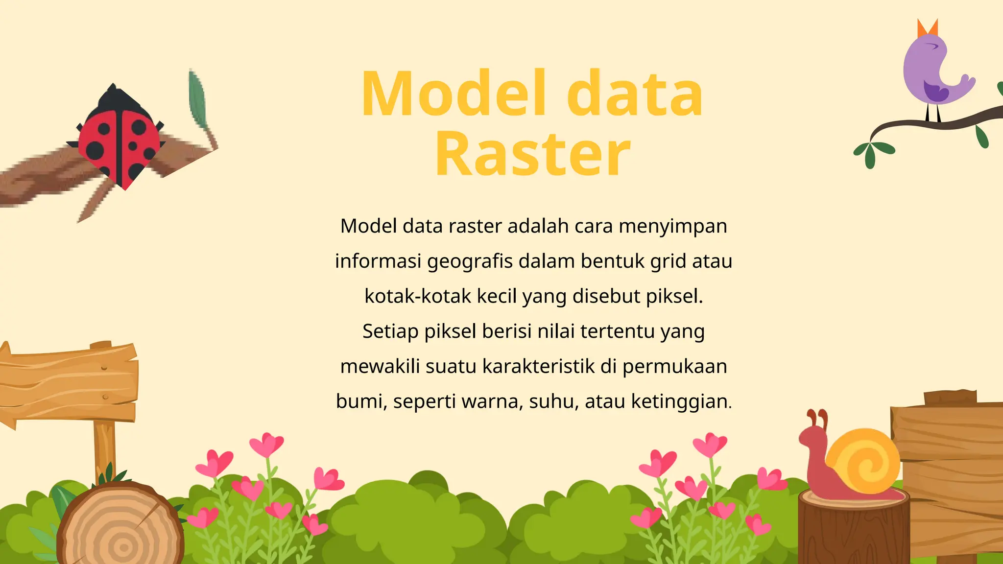 Model data
Raster
Model data raster adalah cara menyimpan
informasi geografis dalam bentuk grid atau
kotak-kotak kecil yang disebut piksel.
Setiap piksel berisi nilai tertentu yang
mewakili suatu karakteristik di permukaan
bumi, seperti warna, suhu, atau ketinggian.
 