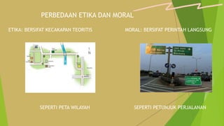 PERBEDAAN ETIKA DAN MORAL
ETIKA: BERSIFAT KECAKAPAN TEORITIS
SEPERTI PETA WILAYAH
MORAL: BERSIFAT PERINTAH LANGSUNG
SEPERTI PETUNJUK PERJALANAN
 