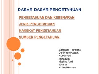 DASAR-DASAR PENGETAHUAN




              Bambang Purnama
              Darlik Yuni Astutik
              Hj. Hamdiah
              Mardawati
              Maslina Ahid
              Juliana
              H. Andi Bustam
 