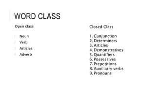 WORD CLASS
Open class
1. Noun
2. Verb
3. Articles
4. Adverb
Closed Class
1. Cunjunction
2. Determiners
3. Articles
4. Demonstratives
5. Quantifiers
6. Possessives
7. Prepotitions
8. Auxiliarry verbs
9. Pronouns
 
