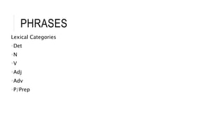 PHRASES
Lexical Categories
Det
N
V
Adj
Adv
P/Prep
 
