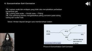6. Concentration Cell Corrosion
Picture 8 Concentration Cell Corrosion
A. Lapisan scale dan endapan yang tidak rata menyebabkan perbedaan
konsentrasi gas
B. Lubang pada scale → Anodic area → Pitting
C. Film pelindung terkikis mengakibatkan pitting corrosion pada tubing,
casing dan sucker rods
Solusi: Hindari deposit dengan cara membersihkan sistem
 