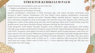 STRUKTUR KURIKULUM PAUD
Kegiatan pembelajaran intrakurikuler; dan
projek penguatan profil pelajar Pancasila.
Struktur Kurikulum untuk pendidikan anak usia dini terdiri dari
Kegiatan pembelajaran intrakurikuler di PAUD dirancang agar anak dapat mencapai kemampuan yang
tertuang di dalam Capaian Pembelajaran (CP) fase fondasi. Intisari kegiatan pembelajaran intrakurikuler
adalah bermain bermakna sebagai perwujudan “Merdeka Belajar, Merdeka Bermain”. Kegiatan yang dipilih
harus memberikan pengalaman yang menyenangkan dan bermakna bagi anak. Kegiatan perlu didukung oleh
penggunaan sumber-sumber belajar yang nyata dan ada di lingkungan sekitar anak. Sumber belajar yang tidak
tersedia secara nyata dapat dihadirkan dengan dukungan teknologi dan buku bacaan anak.
Projek penguatan profil pelajar Pancasila ditujukan untuk memperkuat upaya pencapaian profil pelajar
Pancasila yang mengacu pada Standar Kompetensi Lulusan (Standar Tingkat Pencapaian Perkembangan Anak
untuk PAUD). Penguatan profil pelajar Pancasila di PAUD dilakukan dalam konteks perayaan tradisi lokal, hari
besar nasional, dan internasional. Pelaksanaan projek penguatan profil pelajar Pancasila menggunakan alokasi
waktu kegiatan di PAUD. Projek Penguatan profil Pelajar Pancasila dilakukan 1- 2 kali dalam satu tahun ajaran
dengan tema berbeda. Alokasi waktu di PAUD usia 4 - 6 tahun sebaiknya tidak kurang dari 900 (sembilan
ratus) menit per minggu. Alokasi waktu di PAUD usia 3 - 4 tahun sebaiknya tidak kurang dari 360 (tiga ratus
enam puluh) menit per minggu.
 