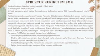 STRUKTUR KURIKULUM SMK
Dunia kerja dapat terlibat dalam pengembangan pembelajaran.
Struktur lebih sederhana dengan dua kelompok mata pelajaran, yaitu Umum dan Kejuruan. Persentase
kelompok kejuruan meningkat dari 60% ke 70%.
Praktek Kerja Lapangan (PKL) menjadi mata pelajaran wajib minimal 6 bulan (1 semester).
Pelajar dapat memilih mata pelajaran di luar program keahliannya.
Struktur kurikulum SMK/MAK terbagi menjadi 2 (dua), yaitu:
a.Pembelajaran intrakurikuler; dan
b.Projek penguatan profil pelajar Pancasila yang dialokasikan sekitar 30% (tiga puluh persen) total JP per
tahun.
Pelaksanaan projek penguatan profil pelajar Pancasila dilakukan secara fleksibel, baik secara muatan maupun
secara waktu pelaksanaan. Secara muatan, projek profil harus mengacu pada capaian profil pelajar Pancasila
sesuai dengan fase peserta didik. Secara pengelolaan waktu pelaksanaan, projek dapat dilaksanakan dengan
menjumlah alokasi jam pelajaran projek dari semua mata pelajaran dan jumlah total waktu pelaksanaan
masing-masing projek tidak harus sama. Projek Penguatan Profil Pelajar Pancasila dalam satu tahun ajaran
untuk SMK kelas X adalah 3 projek profil dengan 2 tema pilihan dan 1 tema kebekerjaan, sedangkan untuk SMK
kelas XI adalah 2 projek profil dengan 1 tema pilihan dan 1 tema Kebekerjaan. Untuk kelas XII adalah 1 Projek
Penguatan Profil Pelajar pancasaila dengan tema kebekerjaan.
 