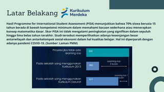 Latar Belakang
Hasil Programme for International Student Assessment (PISA) menunjukkan bahwa 70% siswa berusia 15
tahun berada di bawah kompetensi minimum dalam memahami bacaan sederhana atau menerapkan
konsep matematika dasar. Skor PISA ini tidak mengalami peningkatan yang signifikan dalam sepuluh
hingga lima belas tahun terakhir. Studi tersebut memperlihatkan adanya kesenjangan besar
antarwilayah dan antarkelompok sosial-ekonomi dalam hal kualitas belajar. Hal ini diperparah dengan
adanya pandemi COVID-19. (Sumber: Laman PMM)
 