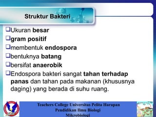 Struktur Bakteri
Ukuran besar
gram positif
membentuk endospora
bentuknya batang
bersifat anaerobik
Endospora bakteri sangat tahan terhadap
panas dan tahan pada makanan (khususnya
daging) yang berada di suhu ruang.
Teachers College Universitas Pelita Harapan
Pendidikan Ilmu Biologi
Mikrobiologi
 