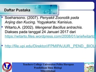  Soeharsono. (2007). Penyakit Zoonotik pada
Anjing dan Kucing. Yogyakarta: Kanisius.
 Witarto,A. (2002). Mengenal Bacillus antrachis.
Diakses pada tanggal 24 Januari 2017 dari
https://witarto.files.wordpress.com/2008/01/ariefwitarto_
 http://file.upi.edu/Direktori/FPMIPA/JUR._PEND._BIOLO
Daftar Pustaka
Teachers College Universitas Pelita Harapan
Pendidikan Ilmu Biologi
Mikrobiologi
 