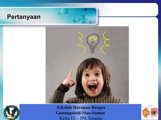 Pertanyaan
Sekolah Harapan Bangsa
Gunungsitoli-Nias-Sumut
Kelas IX – IPA Terpadu
 