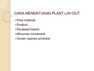 CARA MENENTUKAN PLANT LAY-OUT
Flow material
Product
Peralatan/mesin
Minuman movement
Urutan operasi produksi
 