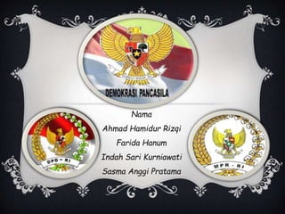 Nama 
Ahmad Hamidur Rizqi 
Farida Hanum 
Indah Sari Kurniawati 
Sasma Anggi Pratama 
 