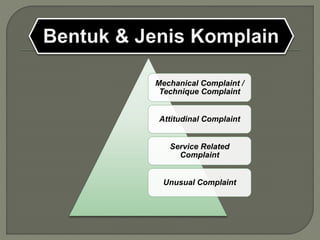 Mechanical Complaint / 
Technique Complaint 
Attitudinal Complaint 
Service Related 
Complaint 
Unusual Complaint 
 