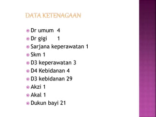  Dr umum 4
 Dr gigi 1
 Sarjana keperawatan 1
 Skm 1
 D3 keperawatan 3
 D4 Kebidanan 4
 D3 kebidanan 29
 Akzi 1
 Akal 1
 Dukun bayi 21
 