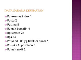 Puskesmas induk 1
 Pustu 2
 Pusling 8
 Rumah bersalin 4
 Bp swasta 27
 Bps 24
 Posyandu 85 yg tidak di danai 6
 Pos ukk 1 posbindu 8
 Rumah sakit 2
 