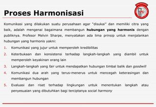 Proses Harmonisasi
Komunikasi yang dilakukan suatu perusahaan agar “disukai” dan memiliki citra yang
baik, adalah mengenai bagaimana membangun hubungan yang harmonis dengan
publiknya. Profesor Melvin Sharpe, menyatakan ada lima prinsip untuk menjalankan
hubungan yang harmonis yakni:
1. Komunikasi yang jujur untuk memperoleh kredibilitas
2. Keterbukaan dan konsistensi terhadap langkah-langkah yang diambil untuk
memperoleh keyakinan orang lain
3. Langkah-langkah yang fair untuk mendapatkan hubungan timbal balik dan goodwill
4. Komunikasi dua arah yang terus-menerus untuk mencegah keterasingan dan
membangun hubungan
5. Evaluasi dan riset terhadap lingkungan untuk menentukan langkah atau
penyesuaian yang dibutuhkan bagi terciptanya social harmony
 