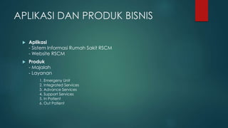 APLIKASI DAN PRODUK BISNIS
 Aplikasi
- Sistem Informasi Rumah Sakit RSCM
- Website RSCM
 Produk
- Majalah
- Layanan
1. Emergeny Unit
2. Integrated Services
3. Advance Services
4. Support Services
5. In Patient
6. Out Patient
 