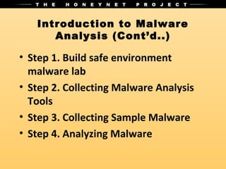 Introduction to Malware
      Analysis (Cont’d..)

• Step 1. Build safe environment
  malware lab
• Step 2. Collecting Malware Analysis
  Tools
• Step 3. Collecting Sample Malware
• Step 4. Analyzing Malware
 