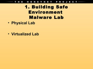 1. Building Safe
          Environment
           Malware Lab
• Physical Lab

• Virtualized Lab
 