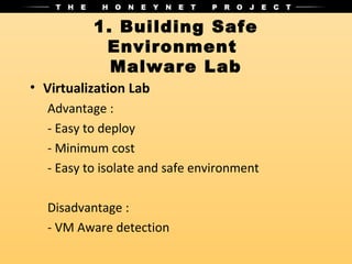 1. Building Safe
           Environment
            Malware Lab
• Virtualization Lab
  Advantage :
  - Easy to deploy
  - Minimum cost
  - Easy to isolate and safe environment

  Disadvantage :
  - VM Aware detection
 