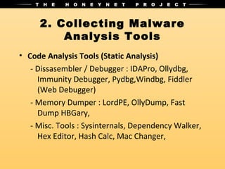 2. Collecting Malware
         Analysis Tools
• Code Analysis Tools (Static Analysis)
   - Dissasembler / Debugger : IDAPro, Ollydbg,
     Immunity Debugger, Pydbg,Windbg, Fiddler
     (Web Debugger)
   - Memory Dumper : LordPE, OllyDump, Fast
     Dump HBGary,
   - Misc. Tools : Sysinternals, Dependency Walker,
     Hex Editor, Hash Calc, Mac Changer,
 
