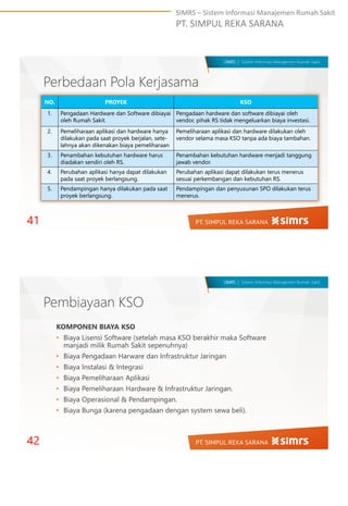 SIMRS – Sistem Informasi Manajemen Rumah Sakit
PT. SIMPUL REKA SARANA
SIMRS | Sistem Informasi Manajemen Rumah Sakit
Perbedaan Pola Kerjasama
41
NO. PROYEK KSO
1. Pengadaan Hardware dan Software dibiayai
oleh Rumah Sakit.
Pengadaan hardware dan software dibiayai oleh
vendor, pihak RS tidak mengeluarkan biaya investasi.
2. Pemeliharaan aplikasi dan hardware hanya
dilakukan pada saat proyek berjalan, sete-
lahnya akan dikenakan biaya pemeliharaan
Pemeliharaan aplikasi dan hardware dilakukan oleh
vendor selama masa KSO tanpa ada biaya tambahan.
3. Penambahan kebutuhan hardware harus
diadakan sendiri oleh RS.
Penambahan kebutuhan hardware menjadi tanggung
jawab vendor.
4. Perubahan aplikasi hanya dapat dilakukan
pada saat proyek berlangsung.
Perubahan aplikasi dapat dilakukan terus menerus
sesuai perkembangan dan kebutuhan RS.
5. Pendampingan hanya dilakukan pada saat
proyek berlangsung.
Pendampingan dan penyusunan SPO dilakukan terus
menerus.
SIMRS | Sistem Informasi Manajemen Rumah Sakit
Pembiayaan KSO
KOMPONEN BIAYA KSO
• Biaya Lisensi Software (setelah masa KSO berakhir maka Software
manjadi milik Rumah Sakit sepenuhnya)
• Biaya Pengadaan Harware dan Infrastruktur Jaringan
• Biaya Instalasi & Integrasi
• Biaya Pemeliharaan Aplikasi
• Biaya Pemeliharaan Hardware & Infrastruktur Jaringan.
• Biaya Operasional & Pendampingan.
• Biaya Bunga (karena pengadaan dengan system sewa beli).
42
 