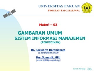 UNIVERSITAS PAKUAN PROGRAM PASCASARJANA Materi – 02 GAMBARAN UMUM  SISTEM INFORMASI MANAJEMEN  (PENDIDIKAN) Dr. Soewarto Hardhienata (s-hardh@indo.net.id) Drs. Sumardi, MPd (sumardi@fkip-unpak.org) 