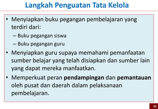 • Menyiapkan buku pegangan pembelajaran yang
terdiri dari:
– Buku pegangan siswa
– Buku pegangan guru
• Menyiapkan guru supaya memahami pemanfaatan
sumber belajar yang telah disiapkan dan sumber lain
yang dapat mereka manfaatkan.
• Memperkuat peran pendampingan dan pemantauan
oleh pusat dan daerah dalam pelaksanaan
pembelajaran.
Langkah Penguatan Tata Kelola
32
 