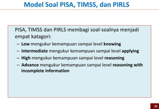 PISA, TIMSS dan PIRLS membagi soal-soalnya menjadi
empat katagori:
– Low mengukur kemampuan sampai level knowing
– Intermediate mengukur kemampuan sampai level applying
– High mengukur kemampuan sampai level reasoning
– Advance mengukur kemampuan sampai level reasoning with
incomplete information
Model Soal PISA, TIMSS, dan PIRLS
35
 