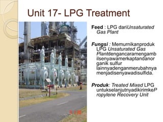 Unit 17- LPG Treatment
             Feed : LPG dariUnsaturated
               Gas Plant

             Fungsi : Memurnikanproduk
               LPG Unsaturated Gas
               Plantdengancaramengamb
               ilsenyawamerkaptandanor
               ganik sulfur
               lainnyadenganmerubahnya
               menjadisenyawadisulfida.

             Produk: Treated Mixed LPG
               untukselanjutnyadikirimkeP
               ropylene Recovery Unit
 