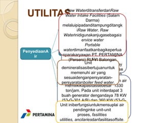 Raw WaterditransferdariRaw
 UTILITAS         Water Intake Facilities (Salam
                               Darma)
               melaluipipadanditampungditangk
               Water Intake
                    Facility Water. Raw
                          iRaw
                              Water Intake
                Waterinidigunakanjugasebagais
                    Facilityberlokasididesa Salam
                             ervice water
                   Darma, KecamatanComprengK
                      Unit     Portable
PenyediaanA            abupatenSubang 65 km
                waterdimanfaatkanbagikeperlua
               Demineralized
     ir            dariRefinery EXOR I Balongan.
                     Water
                nparakaryawan PT. PERTAMINA
                                   Air
                     (Persero) RU-VI Balongan
                Water raw Unit
                   sungaidiambildaribuanganProy
               demineralisasibertujuanuntuk
                  ekJatiluhurpadasaluranutamase
              dan Poetable
                      memenuhi air yang
                   belahTimur (TimurMain yang
                    water Intake Facility Canal)
                      Water
                 sesuaidenganpersyaratan-
               berfungsisebagai unit pemurnian air
               persyaratanboiler feed water.
               Unit sistem
                  memilikikapasitassebesar 1330
              air ton/jam. Pada unit initerdapat 3
                   pendingin
               buah generator dengandaya 78 KW
               (53-G-301 A/B) dan 360 KW (53-G-
              Unit iniberfungsiuntukmensuplai air
                  301 C). Rata-rata kebutuhan air
                        pendinginke unit-unit
                              untuk RU-VI
                           proses, fasilities
                   Balongankuranglebihsebanyak
              utilities, ancilariesdanfasilitasoffsite.
                          1300-1500 ton/jam
 