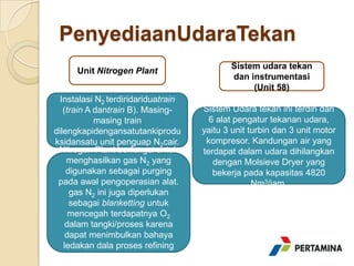 PenyediaanUdaraTekan
                                            Sistem udara tekan
      Unit Nitrogen Plant
                                            dan instrumentasi
                                                 (Unit 58)
  Instalasi N2 terdiridariduatrain
   (train A dantrain B). Masing-     Sistem Udara tekan ini terdiri dari
            masing train               6 alat pengatur tekanan udara,
dilengkapidengansatutankiprodu       yaitu 3 unit turbin dan 3 unit motor
ksidansatu unit penguap N2cair.       kompresor. Kandungan air yang
 Nitrogen Plant berfungsi untuk      terdapat dalam udara dihilangkan
    menghasilkan gas N2 yang            dengan Molsieve Dryer yang
    digunakan sebagai purging           bekerja pada kapasitas 4820
 pada awal pengoperasian alat.                     Nm3/jam.
     gas N2 ini juga diperlukan
     sebagai blanketting untuk
     mencegah terdapatnya O2
    dalam tangki/proses karena
    dapat menimbulkan bahaya
   ledakan dala proses refining
             petroleum
 